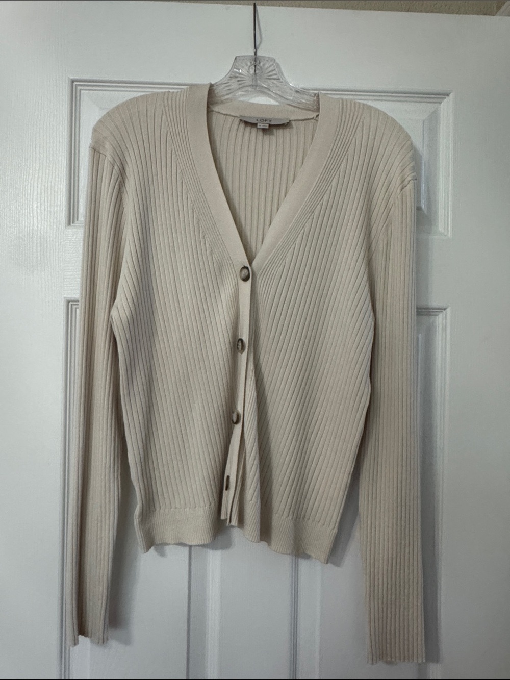 LOFT Ribbed V-Neck Button Cardigan Cream Size XXL